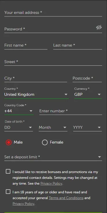 форма регистрации на сайте BetSafe