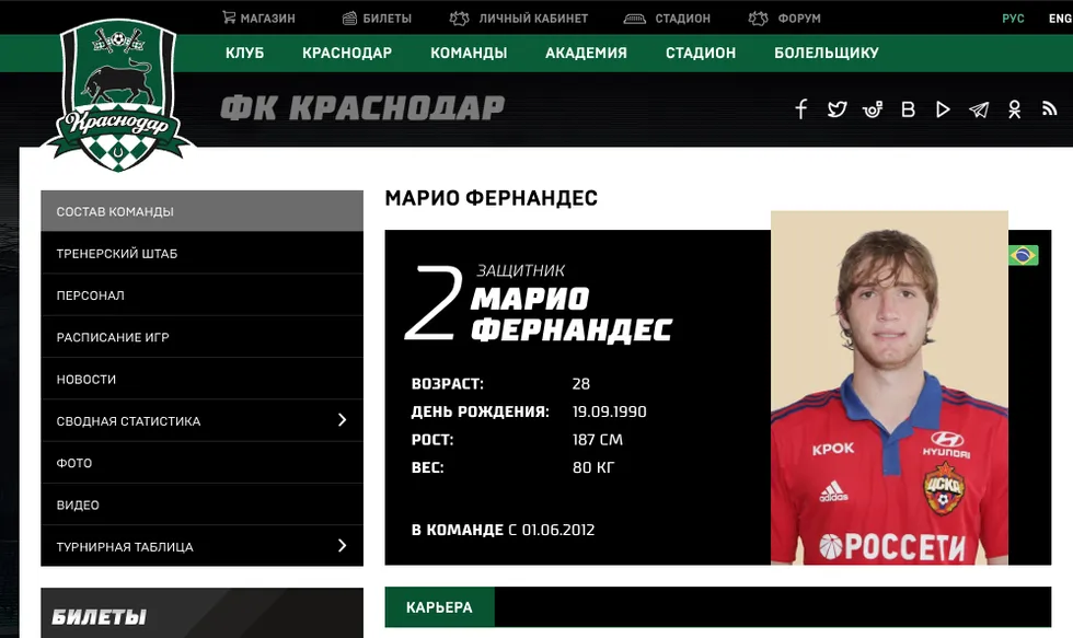 «Краснодар» включил Марио Фернандеса в свою команду