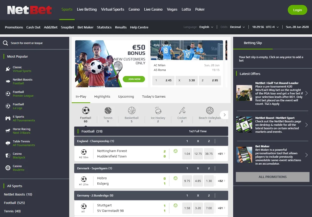 линия спортивных дисциплин на сайте БК Netbet