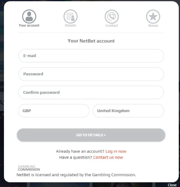 форма регистрации на сайте Netbet