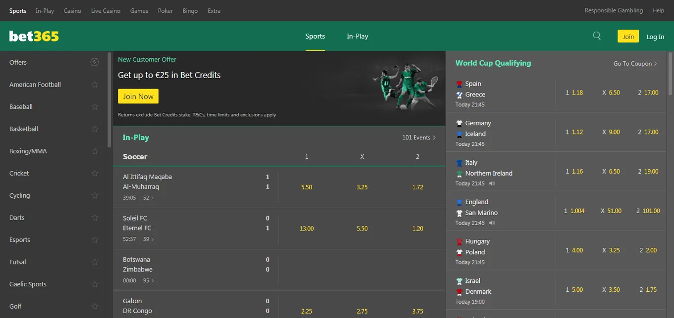 Главная страница международной версии Bet365