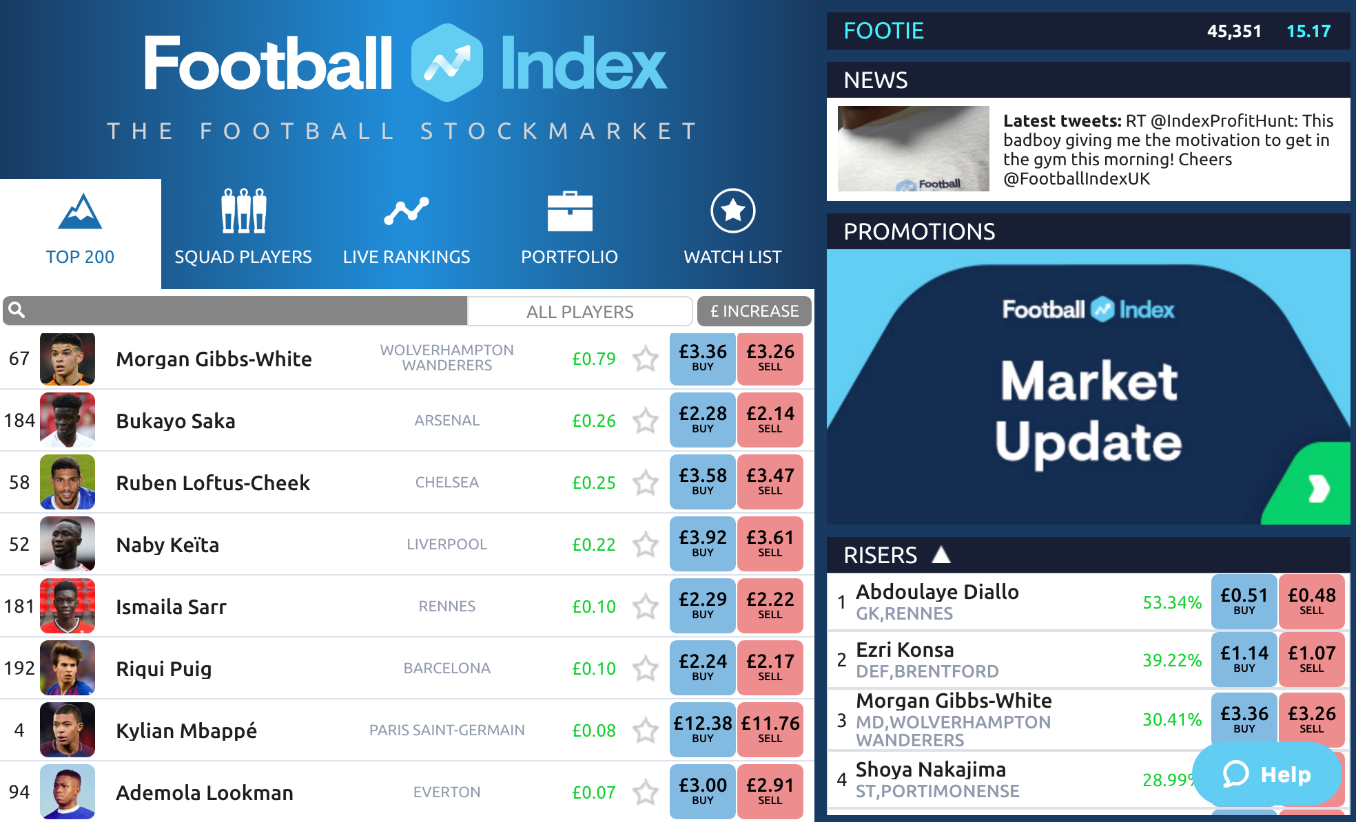Интерфейс Football Index