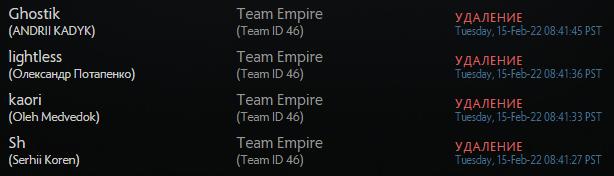 Team Empire на сайте регистрации команд